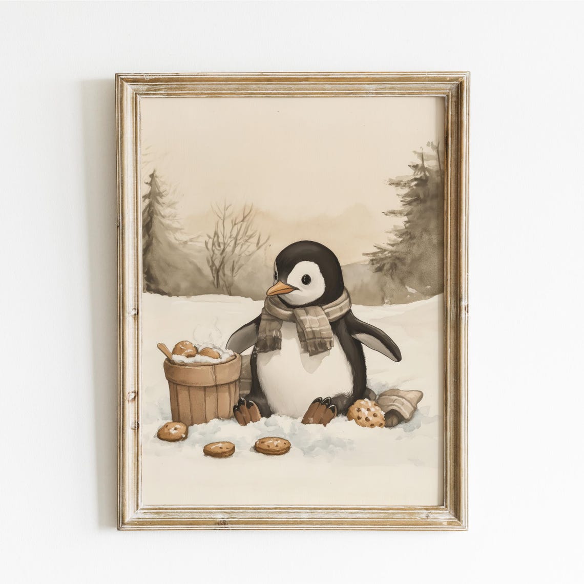 Penguin in a Scarf with Cookies in a Snowy Winter Scene Poster