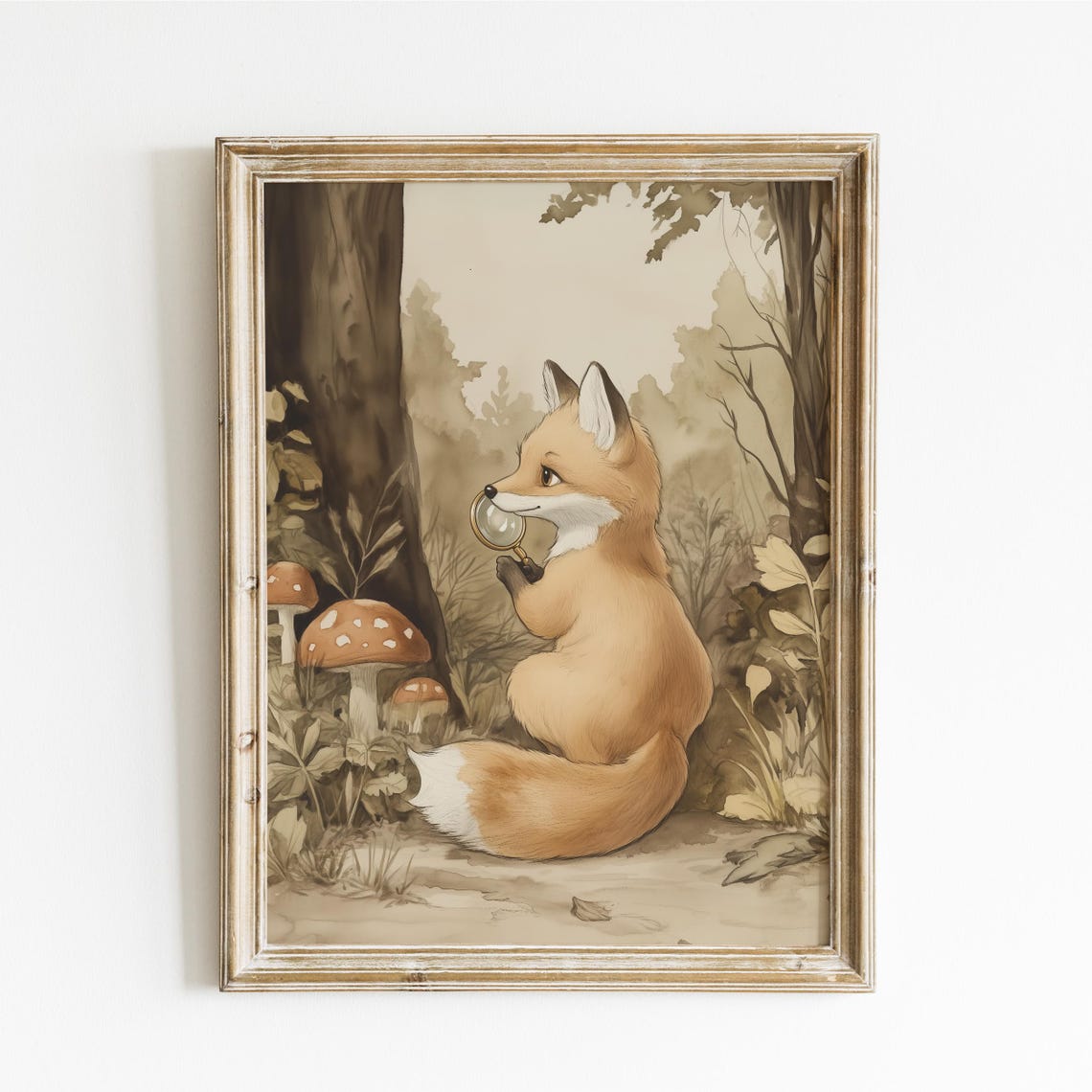 Fox Detective with a Magnifying Glass in a Mushroom Forest Poster