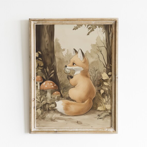 Fox Detective with a Magnifying Glass in a Mushroom Forest Poster