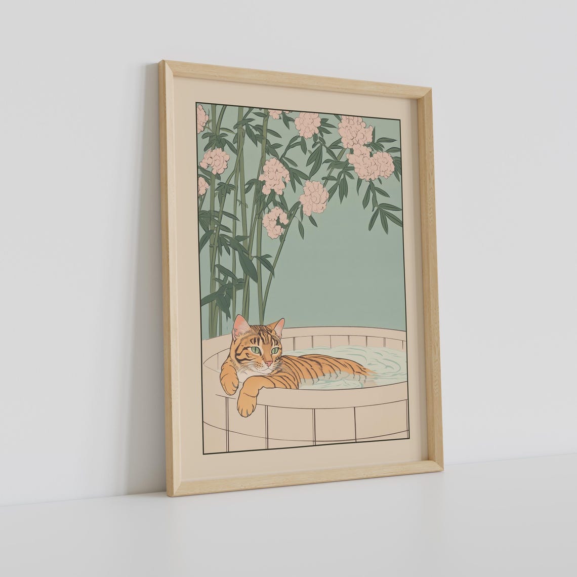 Bengal Cat Relaxing in Bath Under Pink Blossom and Bamboo Poster - Image 2