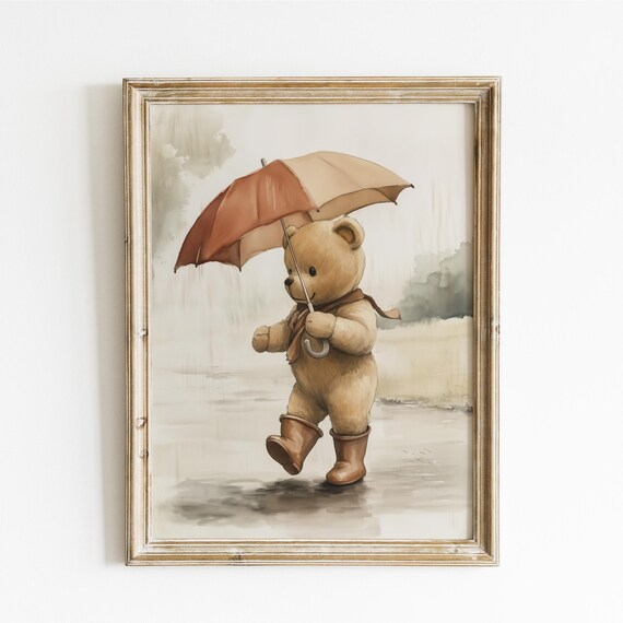Teddy Bear Walking in Rain With Umbrella Boots and Scarf Poster