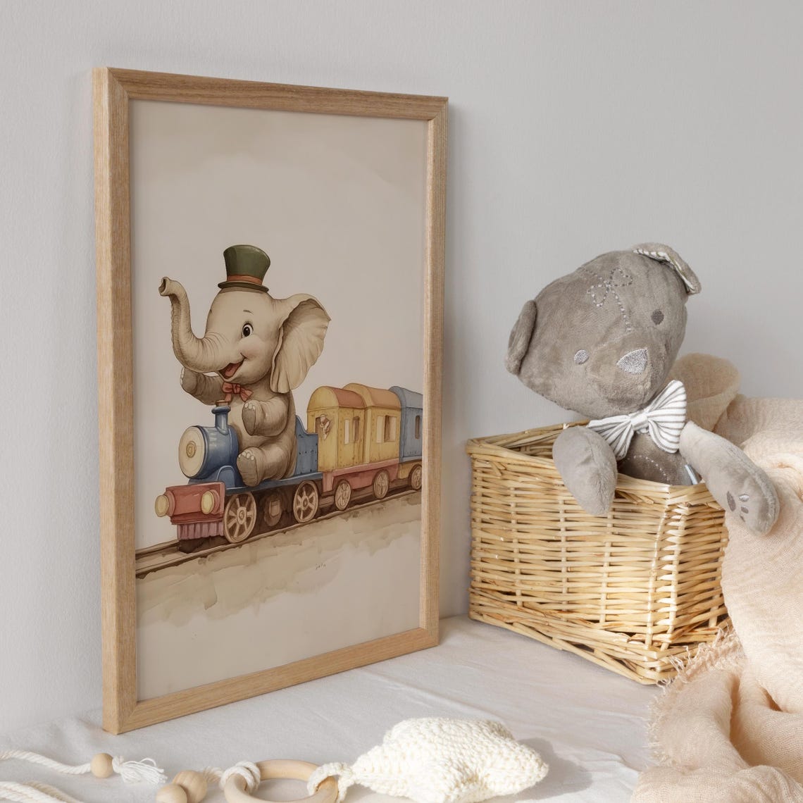 Baby Elephant in Top Hat Riding Colorful Toy Train Waving Poster - Image 3