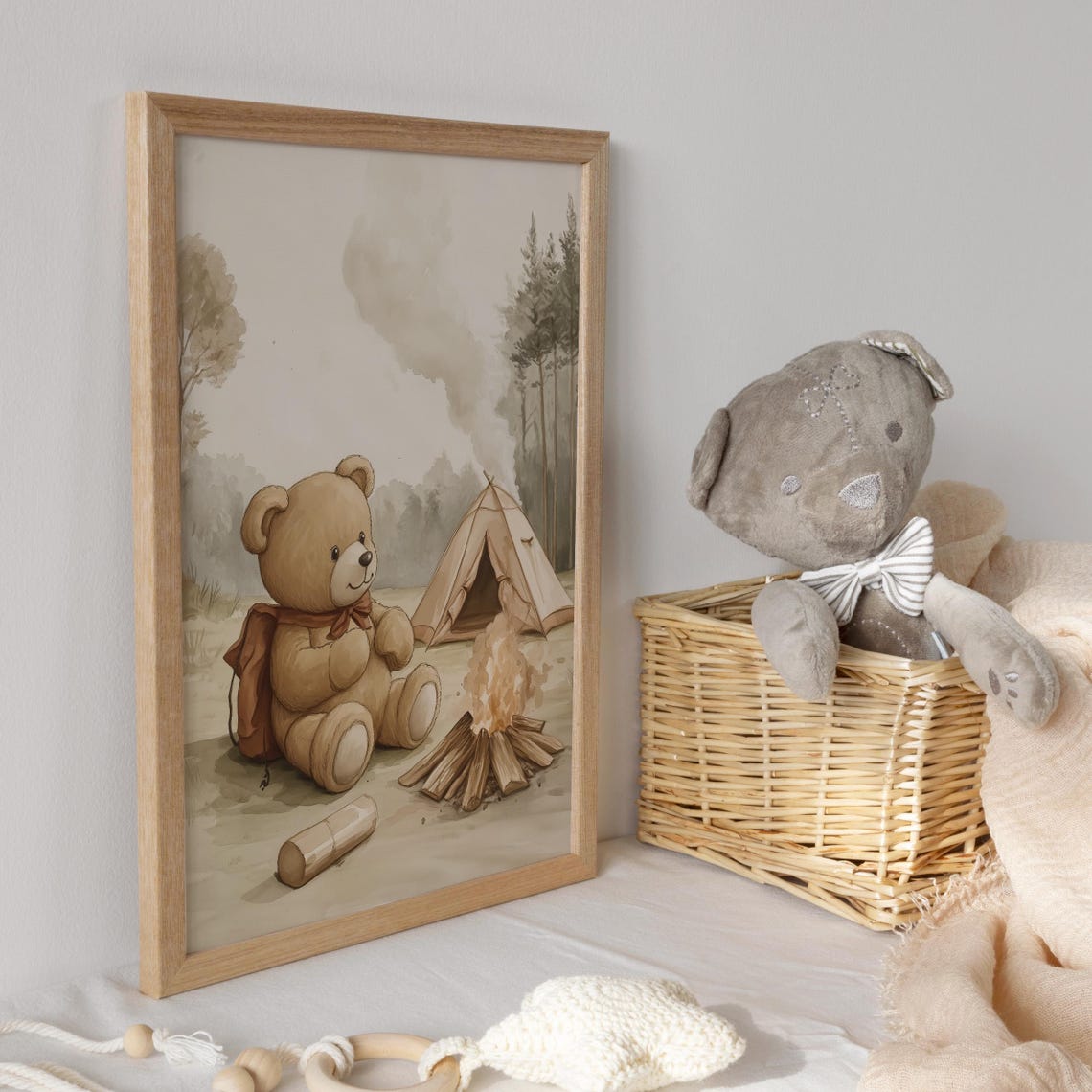 Teddy Bear Camping by Campfire With Tent and Backpack Poster - Image 3