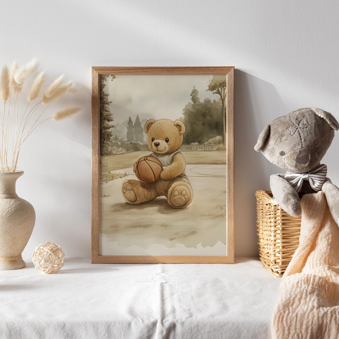 Teddy Bear Sitting on a Basketball Court Holding a Basketball Poster - Image 2