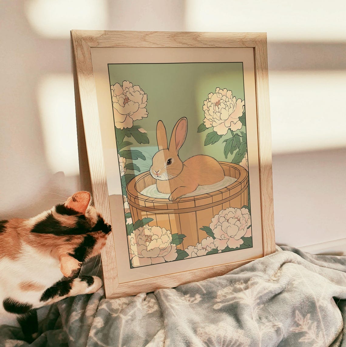 Japanese Rabbit Soaking in a Wooden Tub Surrounded by Peonies Poster - Image 3