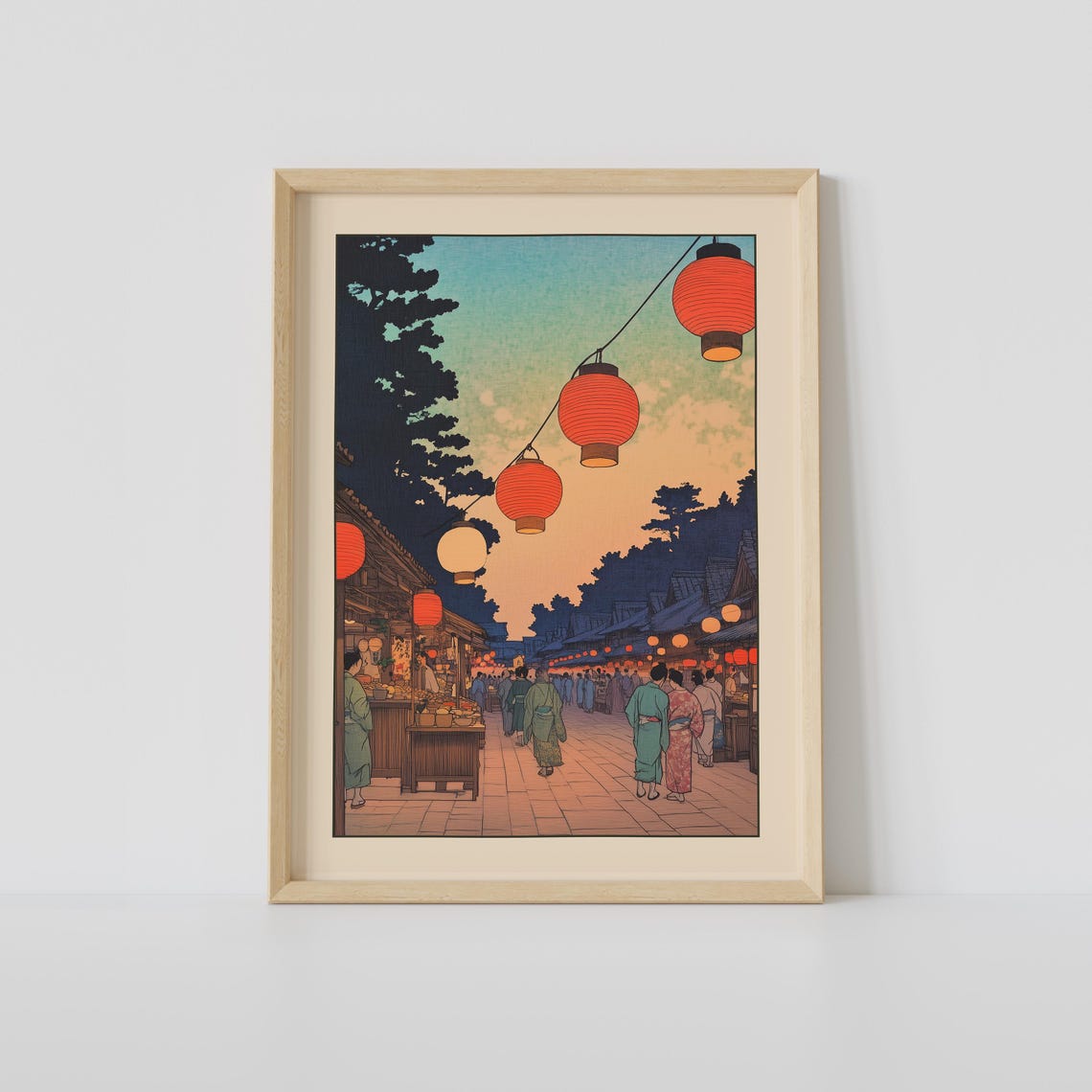 Japanese Marketplace Evening With Red Lanterns Woodblock Art Print