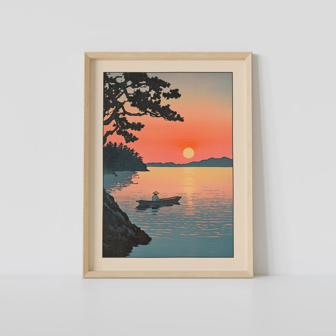 Japanese Fisherman Sunset Woodblock Boat Pine Shore Evening Poster