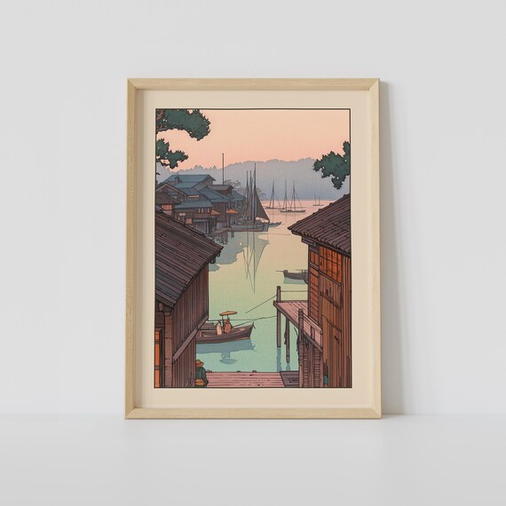 Japanese Fishing Village Harbor Woodblock Boats Dawn Harbor Poster