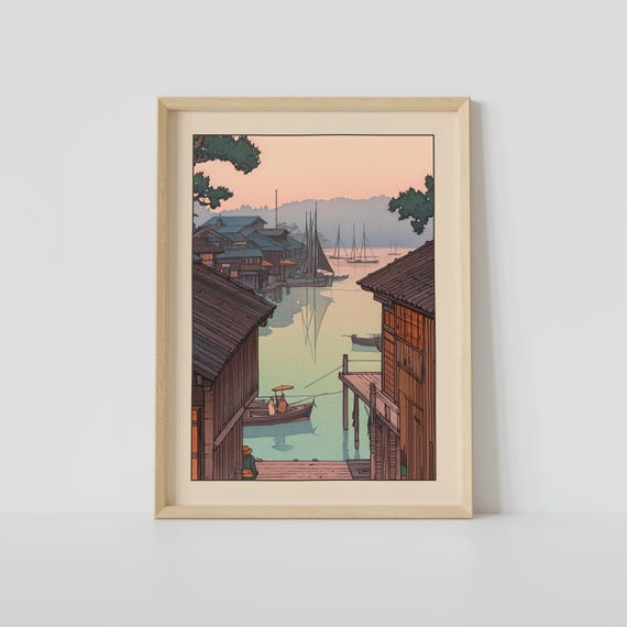 Vintage Japanese Fishing Town Print Wall Art Woodblock Japandi Relaxing Poster Decor