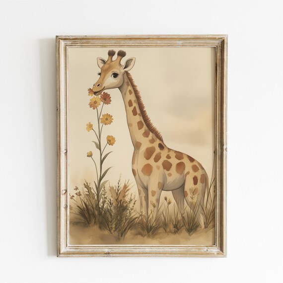 Giraffe Sniffing Orange Blossoms in a Golden Field Nursery Poster