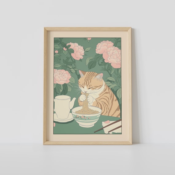 Tabby Cat Slurping Noodles from a Bowl in Japanese Kitchen Poster