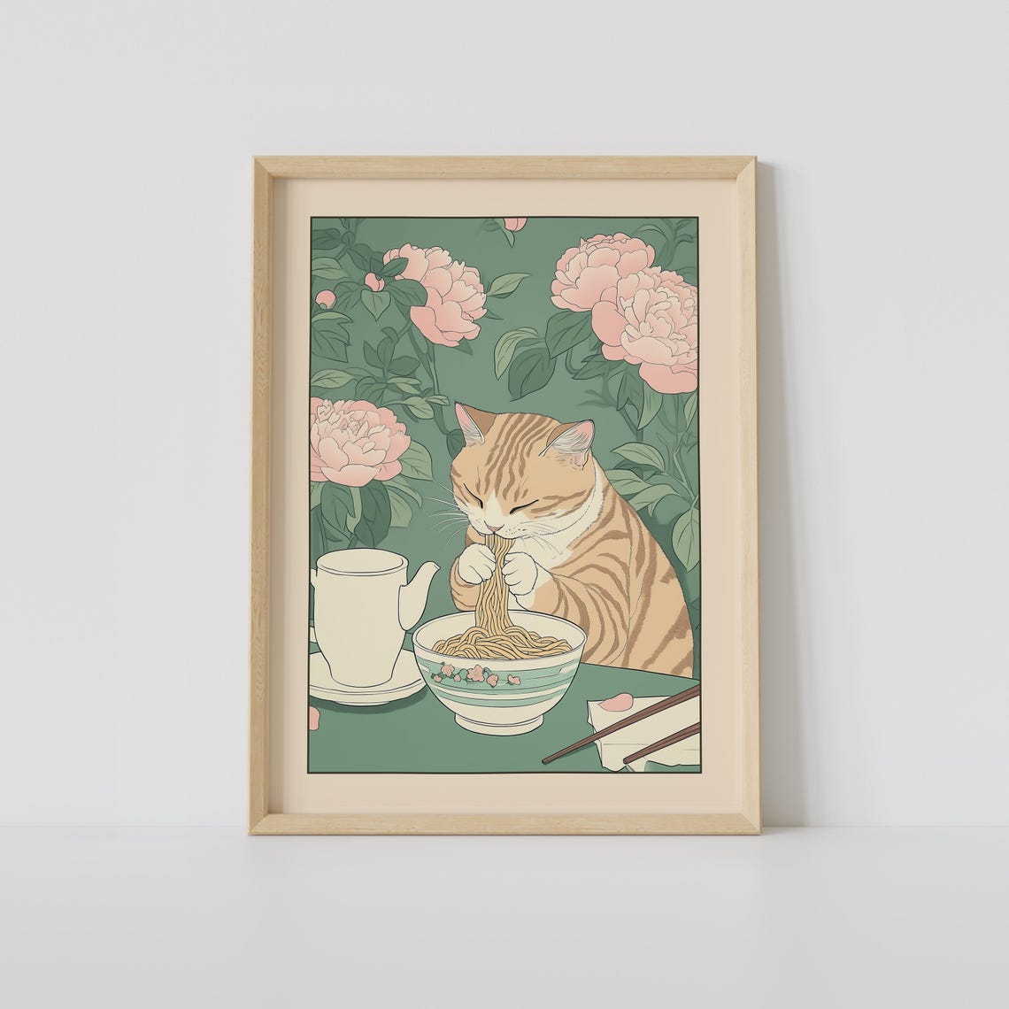 Tabby Cat Slurping Noodles from a Bowl in Japanese Kitchen Poster