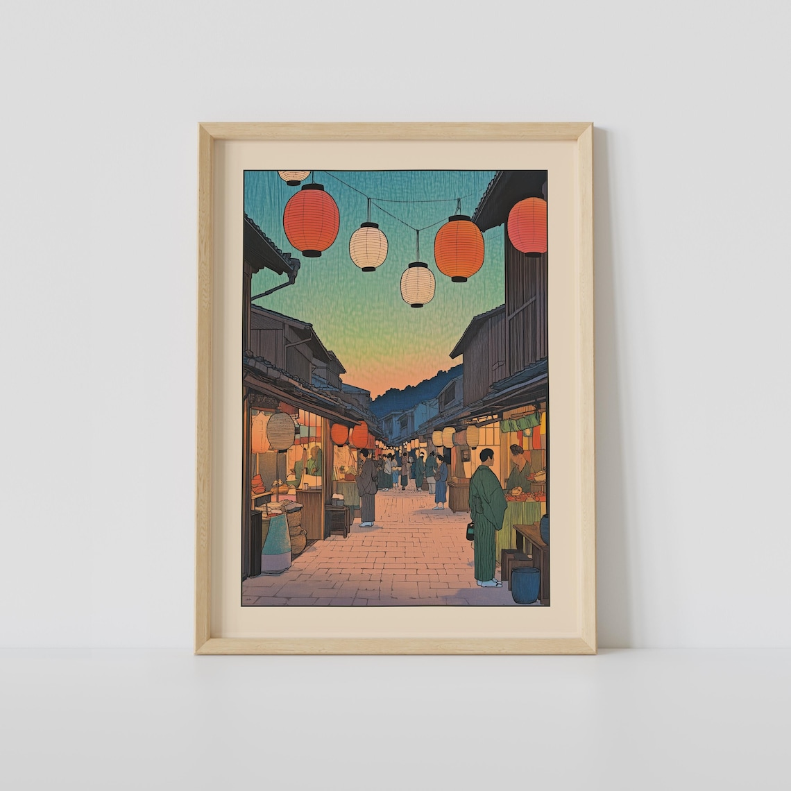 Japanese Street Market Sunset With Lanterns Woodblock Art Print