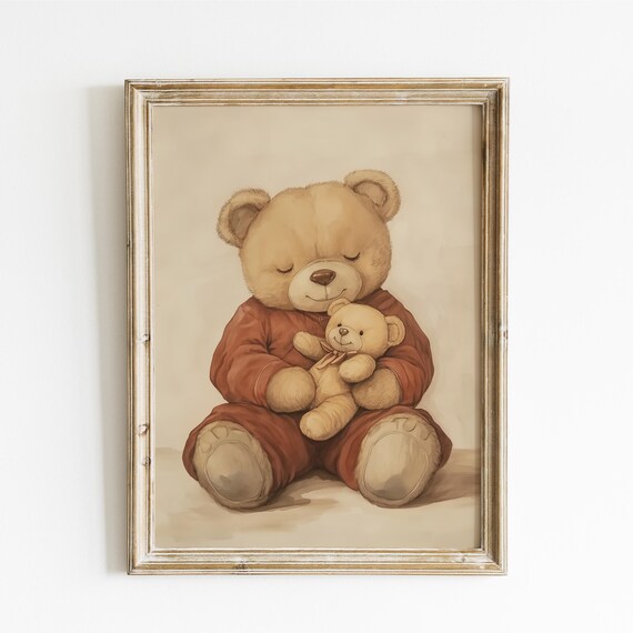 Bedtime Teddy Bear Hugging Its Small Plush Toy Nursery Poster