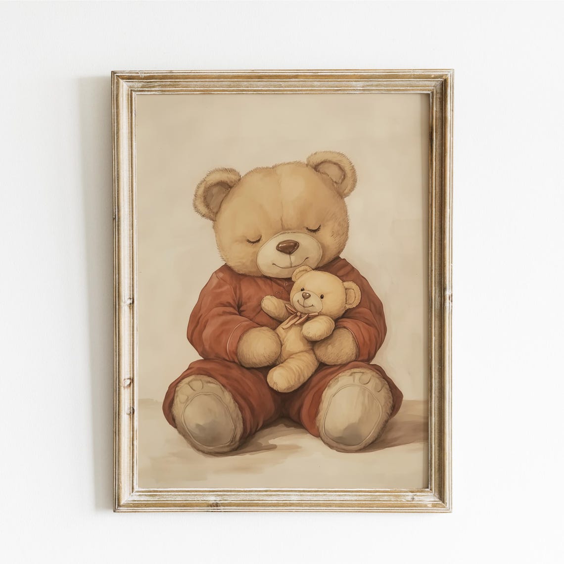 Bedtime Teddy Bear Hugging Its Small Plush Toy Nursery Poster