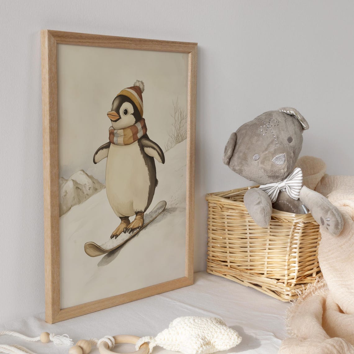 Penguin Snowboarding in a Knit Hat on a Snowy Mountain Poster - Image 3