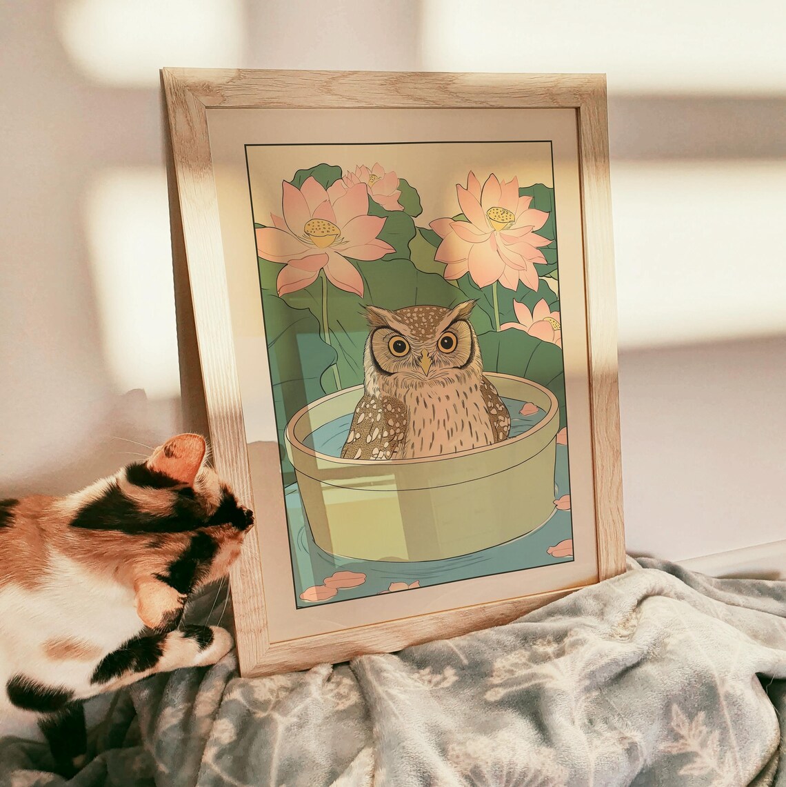 Wide-Eyed Owl Sitting in a Basin of Water Among Lotus Flowers Poster - Image 3