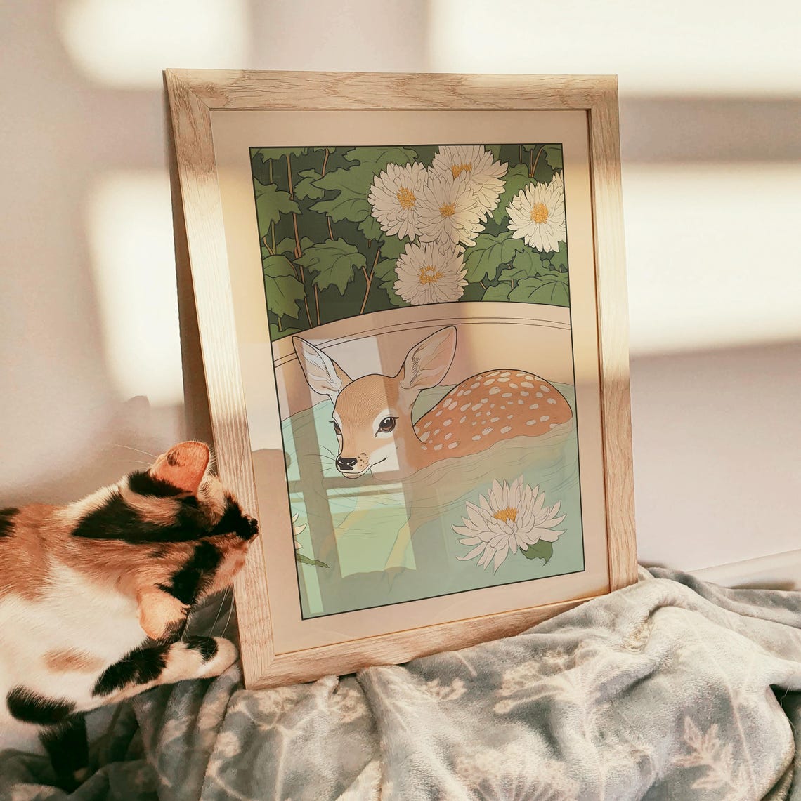 Spotted Fawn Soaking in Blossom Water Among Water Lilies Poster - Image 3