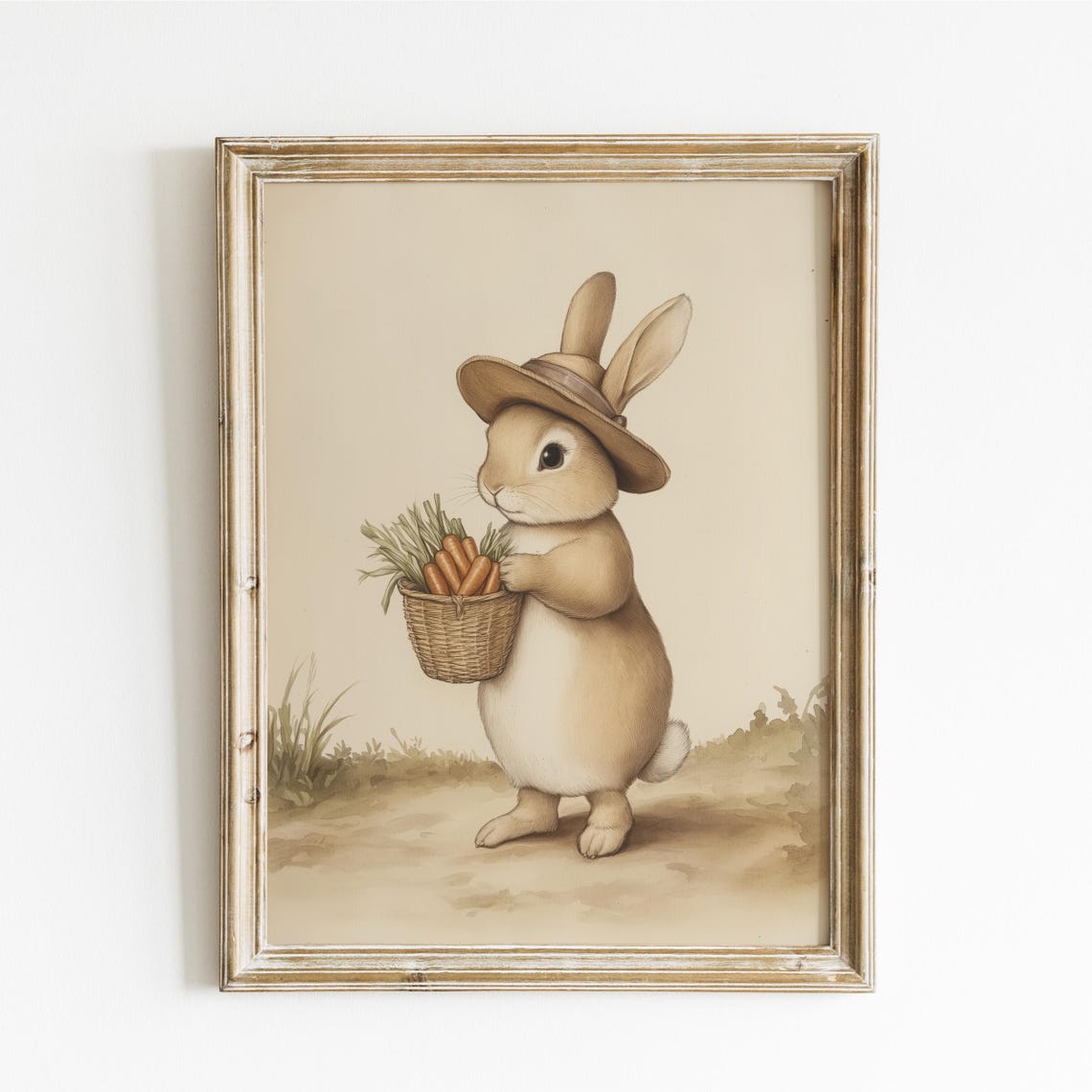 Bunny in a Straw Hat Carrying a Basket of Fresh Carrots Poster