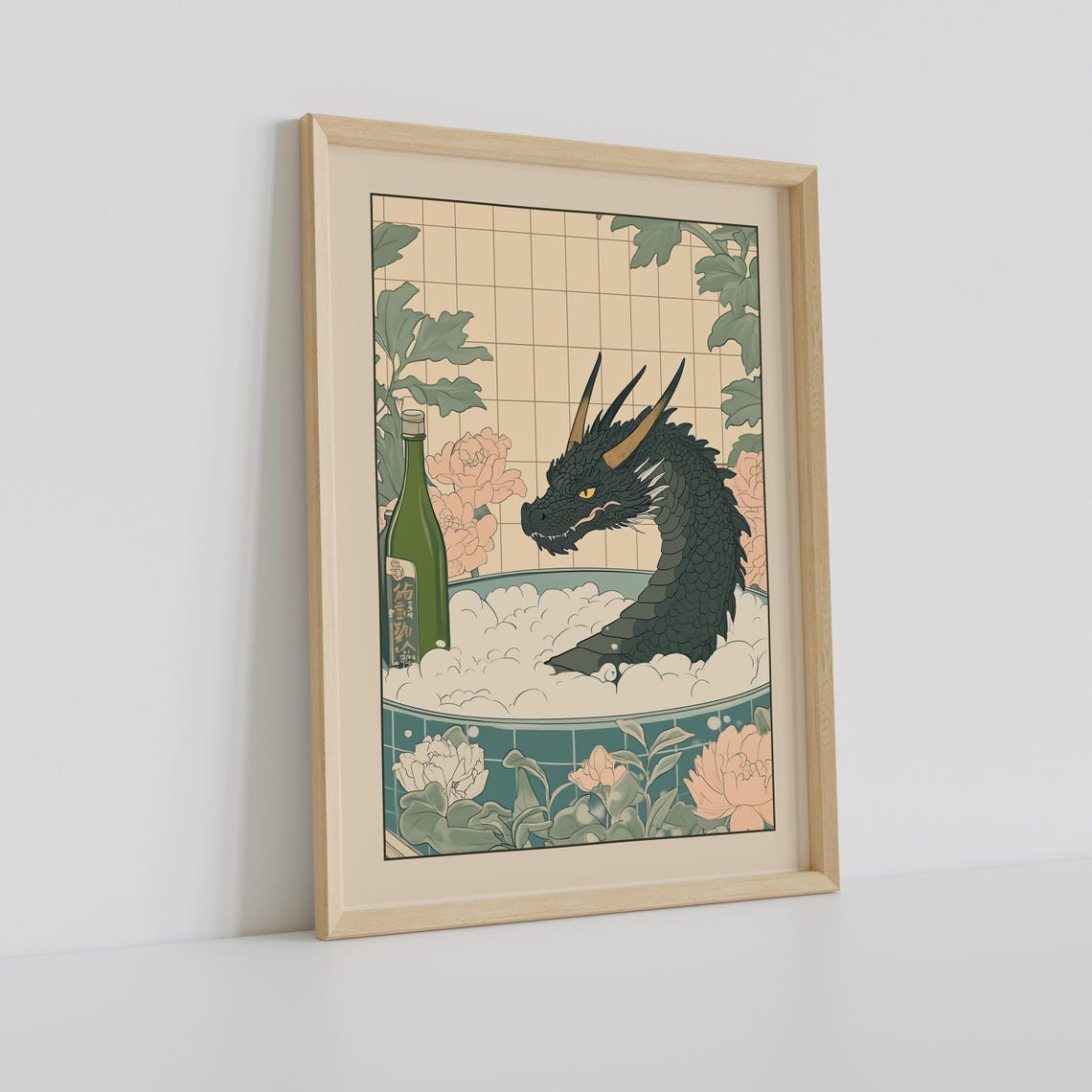 Black Dragon Soaking in a Bubble Bath with Sake Bottle Poster - Image 2