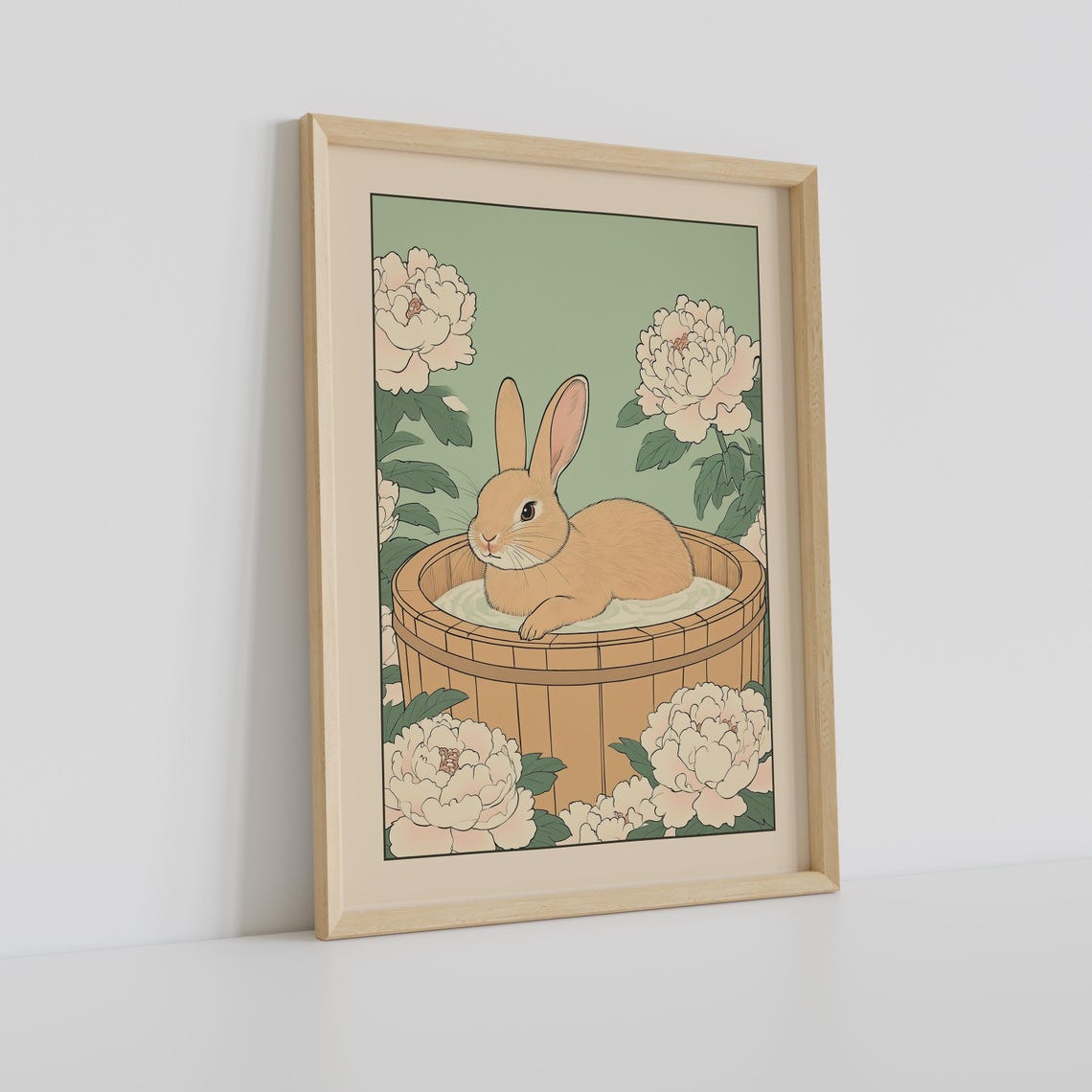 Japanese Rabbit Soaking in a Wooden Tub Surrounded by Peonies Poster - Image 2