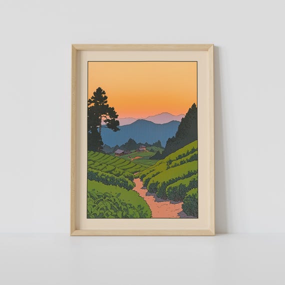 Vintage Japanese Tea Field Print Wall Art Woodblock Japandi Relaxing Poster Decor