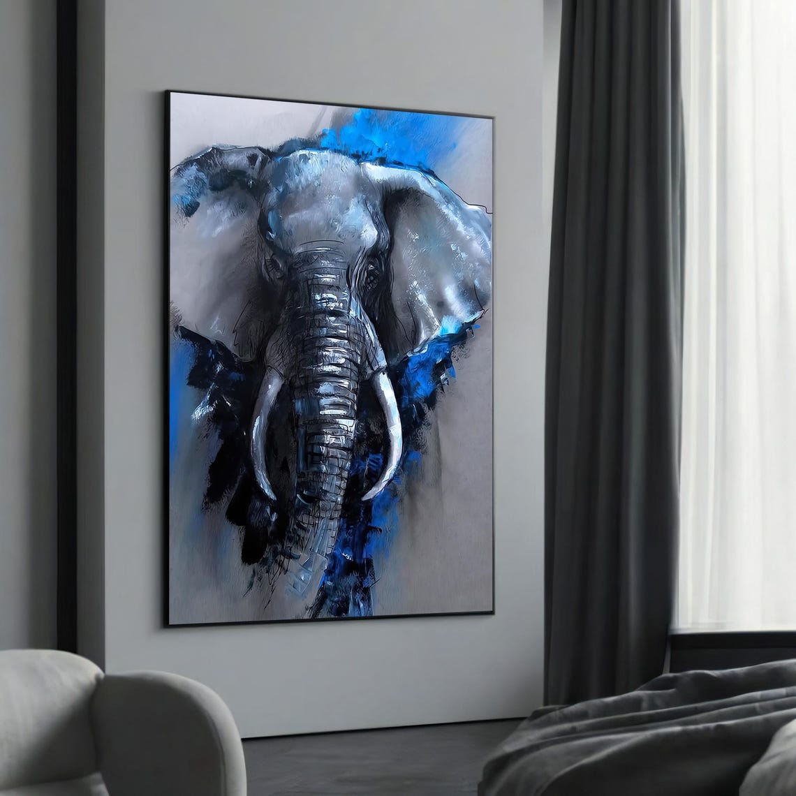 Blue Elephant Portrait with Splashes Abstract Wildlife Poster