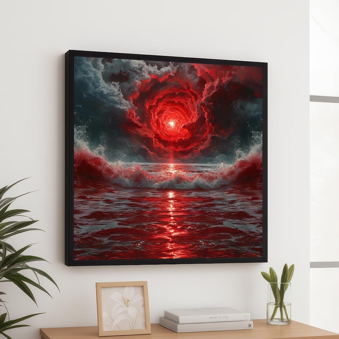 Fiery Red Vortex Sky Crimson Ocean Waves Dramatic Nature Poster