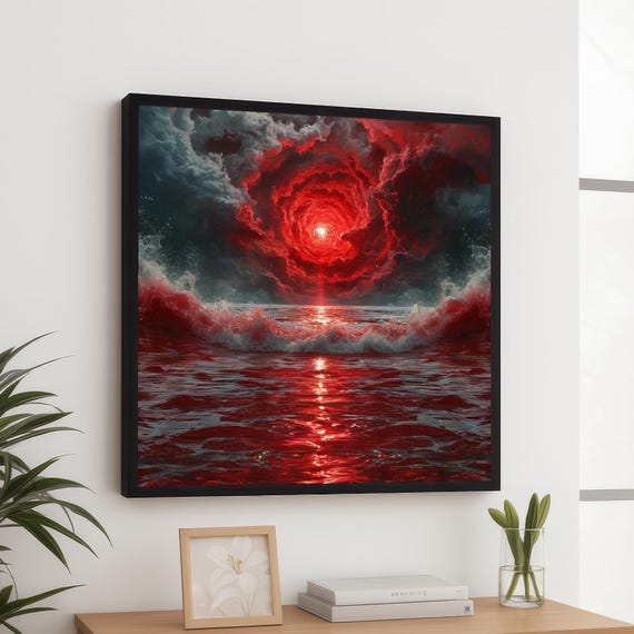 Dramatic Red Vortex Sky Canvas Fiery Ocean Waves Wall Art Abstract Nature Scene Mystical Cloudscape Bold Home Decoration