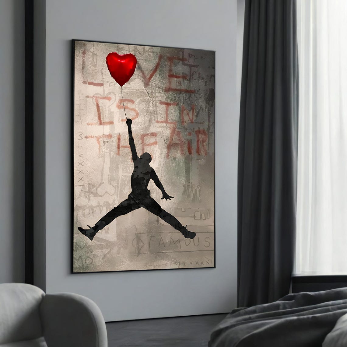 Love Is In The Air Heart Balloon Jumping Silhouette Art Poster