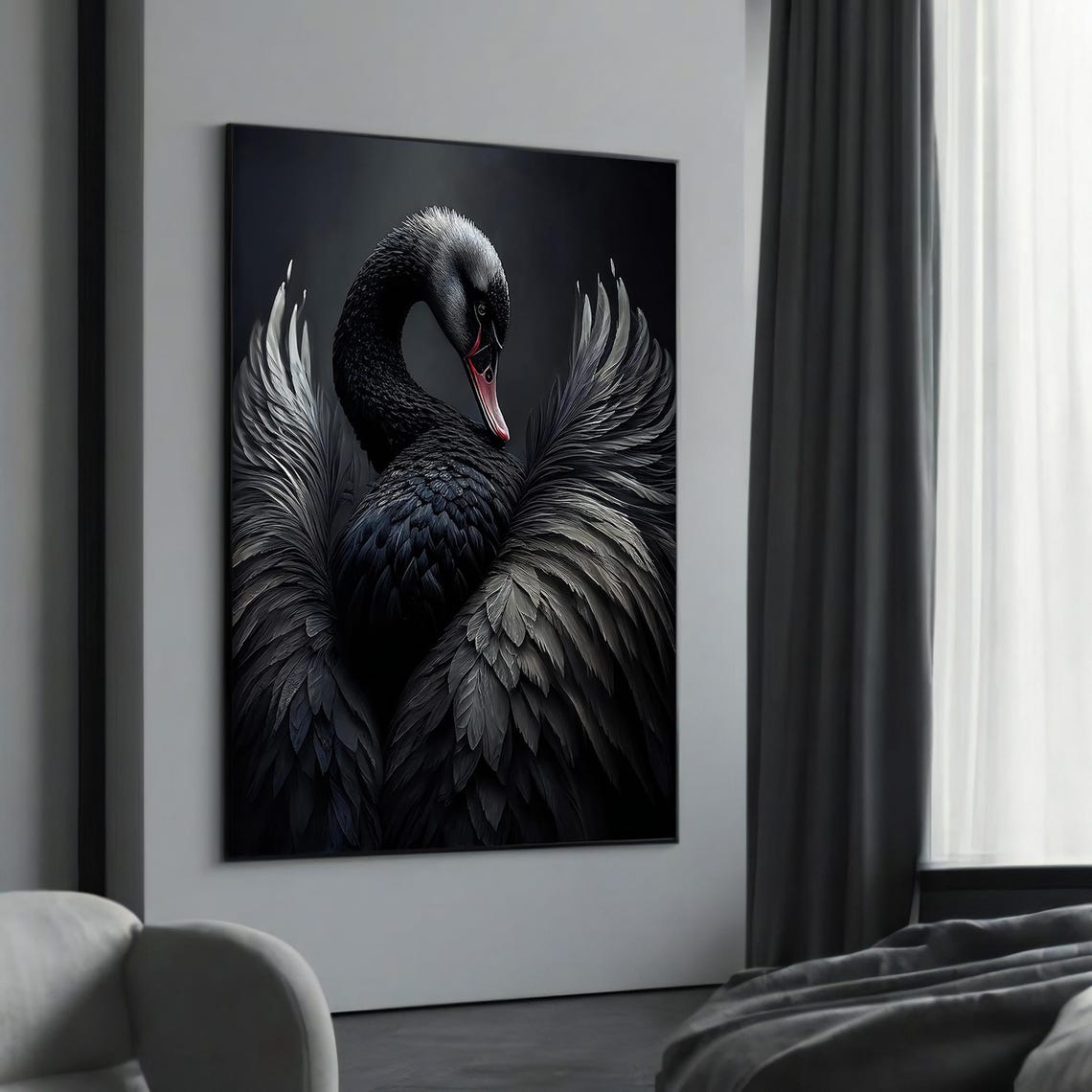 Elegant Black Swan Dark Moody Minimalist Bird Portrait Art Poster