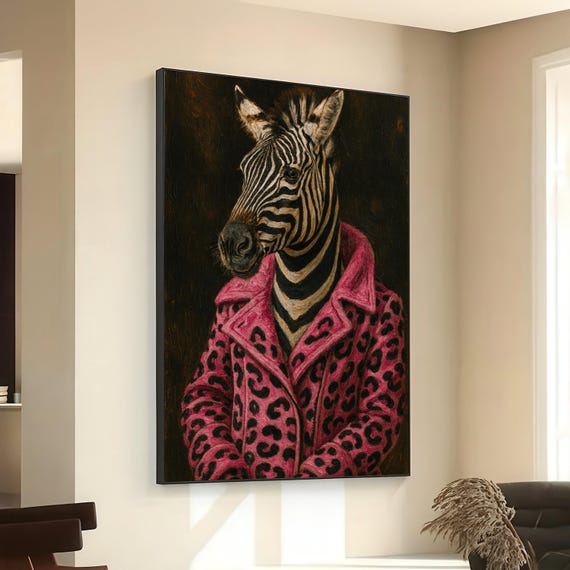 Stylish Zebra Portrait Canvas Wall Art Animal In Pink Leopard Coat Contemporary Wildlife Painting Unique Home Dcor Modern