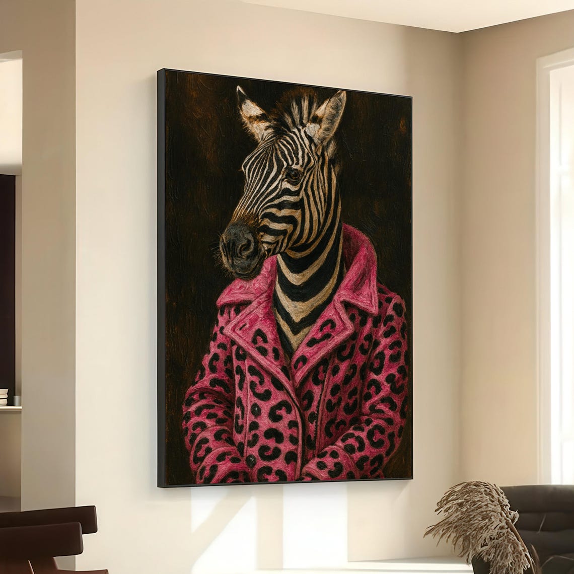 Stylish Zebra In Pink Leopard Coat Bold Animal Portrait Art Poster
