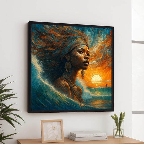 Majestic African Woman Canvas Sunset Ocean Waves Wall Art Ethnic Portrait Tribal Face Vibrant Home Decor