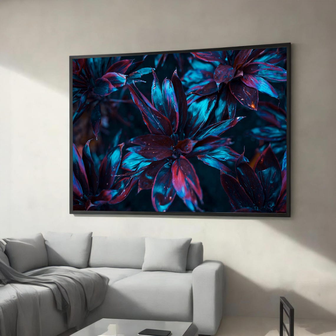 Dark Botanical Foliage in Electric Blue and Crimson Modern Art Poster