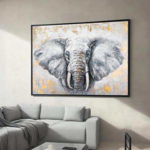Elegant Elephant Canvas Wall Art Majestic Wildlife Painting With Gold Accents Modern Safari Decor Ready To Hang Home Artwork