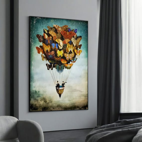 Surreal Hot Air Balloon Of Butterflies Whimsical Fantasy Art Dreamy Wall Decor Unique Canvas Painting For Lovers