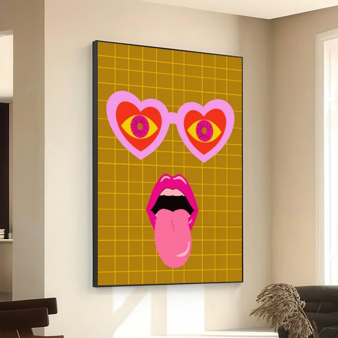 Pop Art Heart Sunglasses Tongue Out Mustard Grid Retro Style Poster