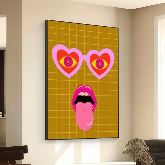 Pop Art Heart Sunglasses Tongue Out Mustard Grid Retro Style Poster