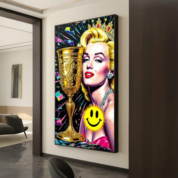 Glamorous Retro Woman With Golden Trophy Pop Art Canvas Wall Vintage Hollywood Style Luxury Decor Bold Colorful Print
