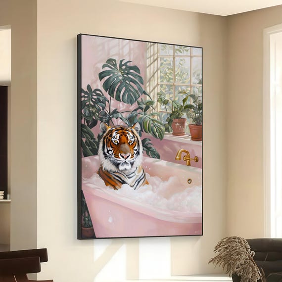 Relaxing Tiger In Bathtub Canvas Tropical Plant Wall Art Modern Animal Bathroom Decor Nature Unique Home Decoration