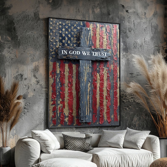 In God We Trust Cross Over Rustic American Flag Faith Art Poster