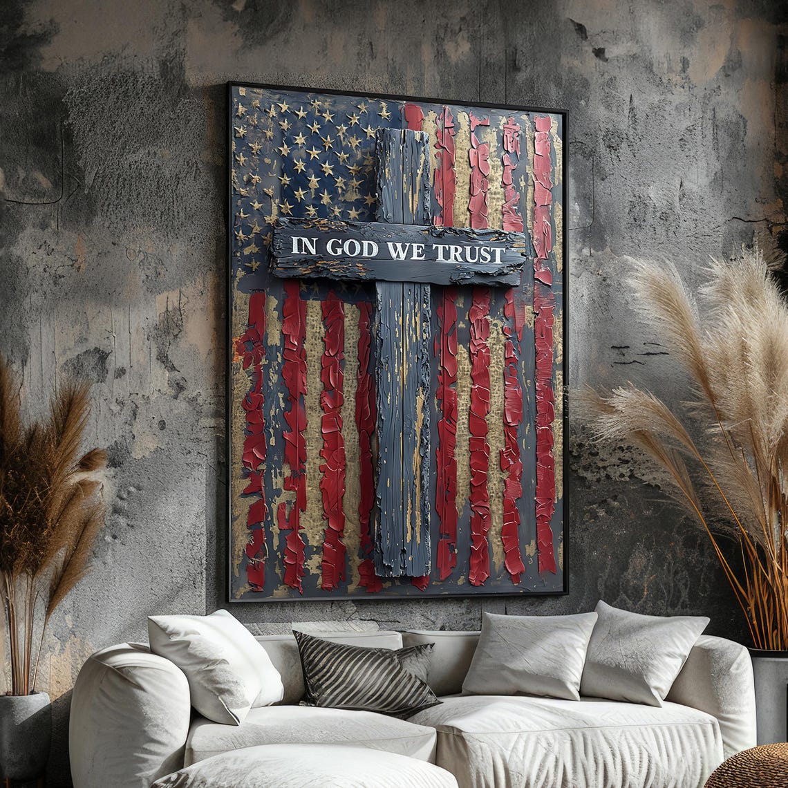 In God We Trust Cross Over Rustic American Flag Faith Art Poster