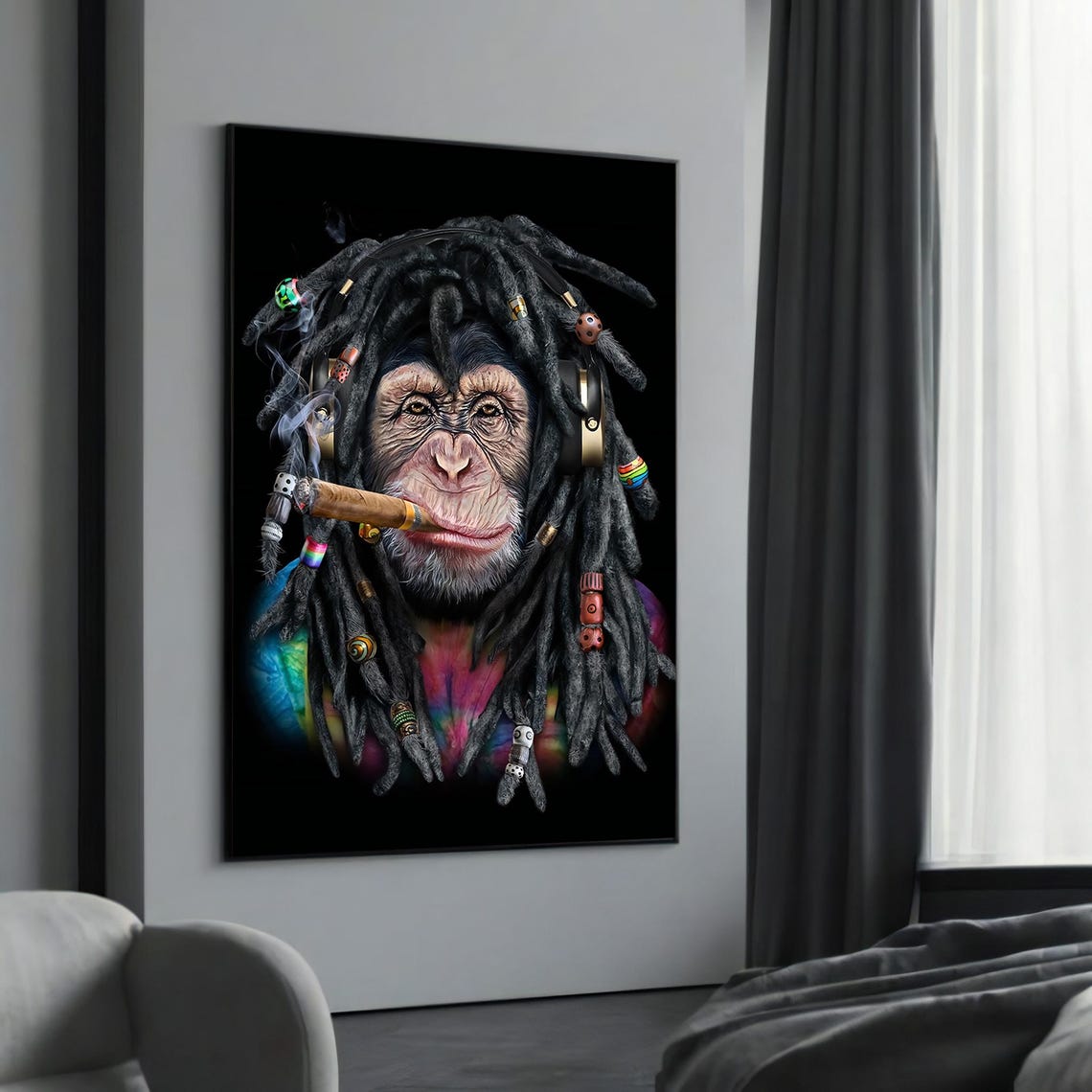 Rasta Monkey With Beaded Dreadlocks Headphones Cigar Funny Poster