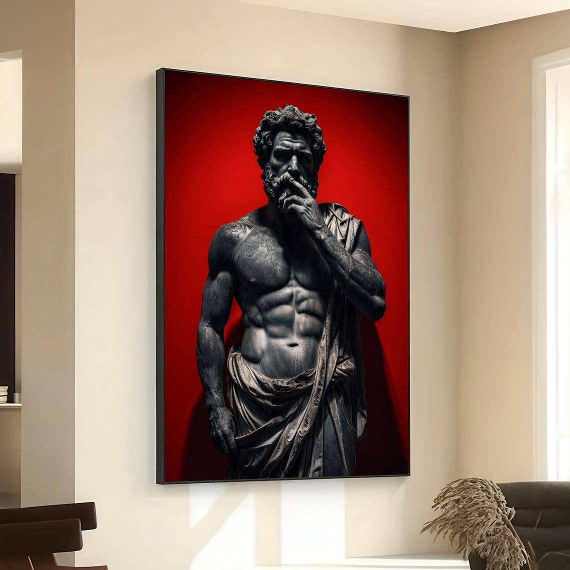 Powerful Ancient Greek Statue Muscular Thinker Red Backdrop Wall Art