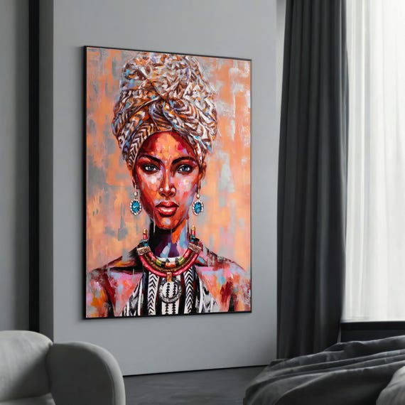 Vibrant Ethnic Woman With Colorful Turban Expressive And Bold Canvas Painting For Modern Artistic Home Decor