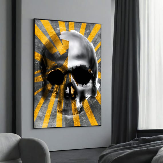 Bold Skull With Radiant Stripes Canvas Painting A Striking And Edgy Urban Art Gift For Contemporary Decor Modern Enthusiasts