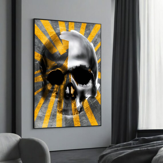 Silver Skull Gold Sunburst Radiant Gothic Statement Art Poster