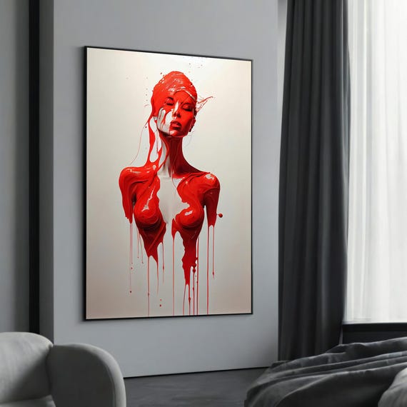 Bold Red Dripping Woman Canvas Painting Modern Abstract Art Sensual Feminine Wall Decor Unique Statement Piece Idea