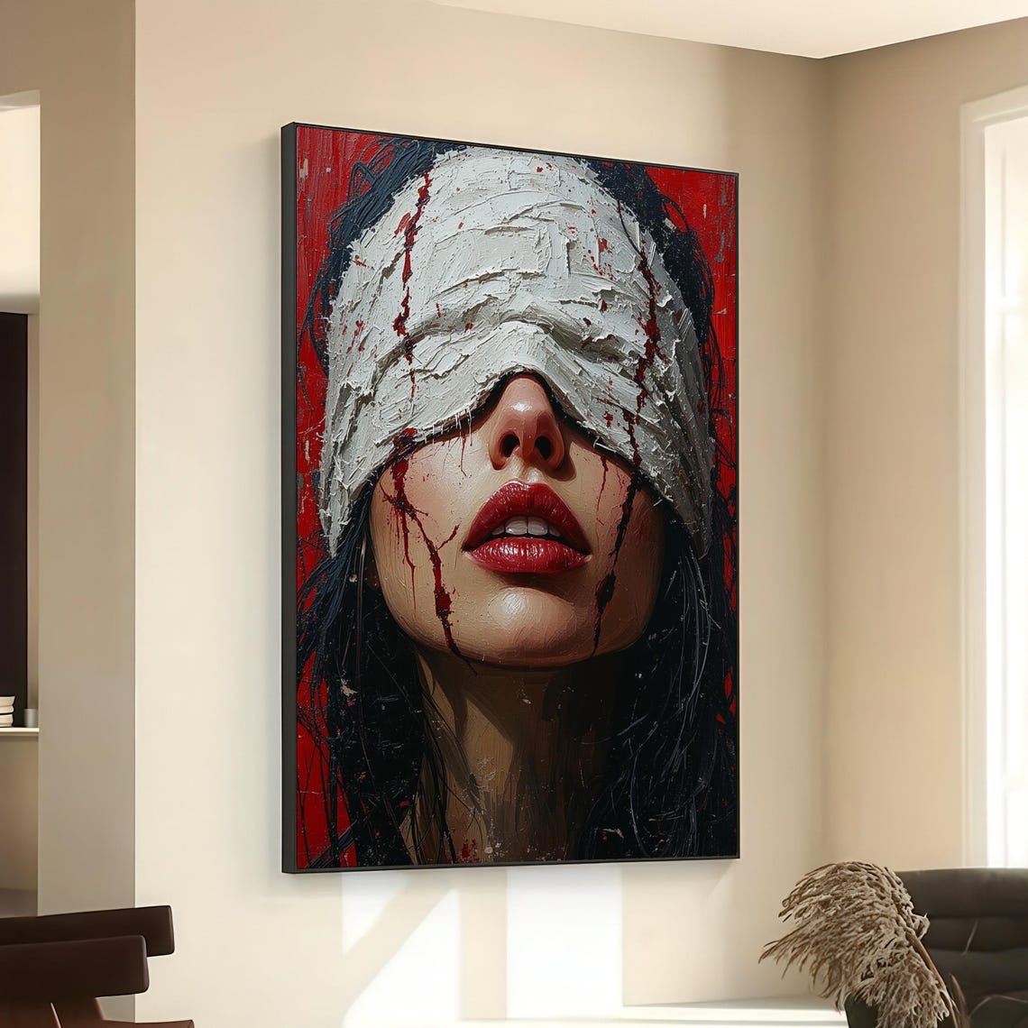 Intense Blindfolded Woman Portrait Canvas Modern Face Art Red Lipstick Wall Abstract Emotional Decoration